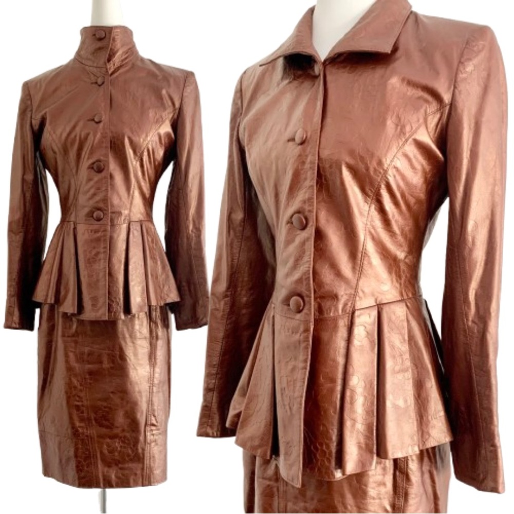 Vintage 80s Metallic Embossed Leather Peplum Blazer Skirt Suit Set Lillie Rubin